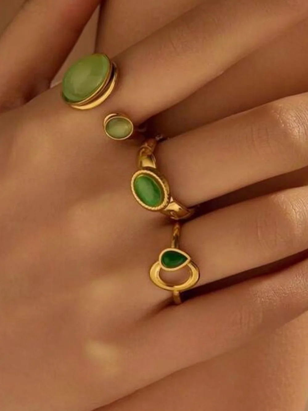 Gold Plated Green Stone Stacking Ring Set